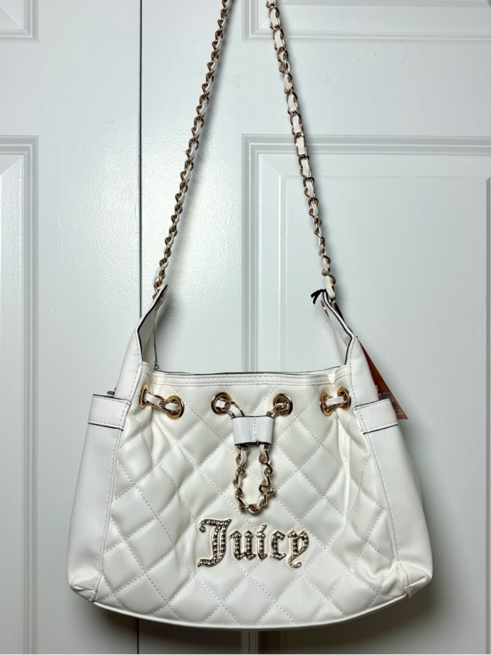 Juicy Couture White Quilted Gold Chain Link Strap Bucket Handbag